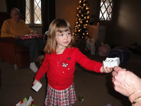 2000 Ford Crown Victoria - A young girl offers a gift while an older man watches, with a decorated Christmas tree in the background.