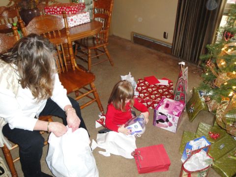 2000 Ford Crown Victoria - A child unwraps Christmas gifts next to a decorated tree, while an adult watches.