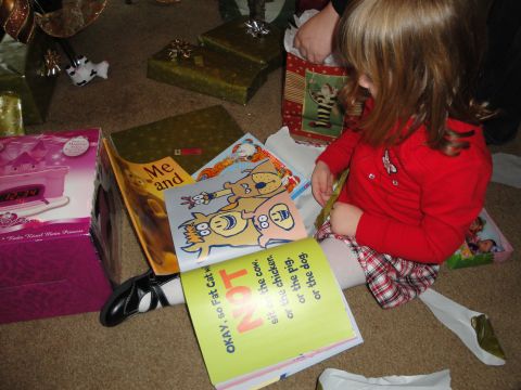 2000 Ford Crown Victoria - A young child sits on the floor surrounded by Christmas gifts and opens a book.