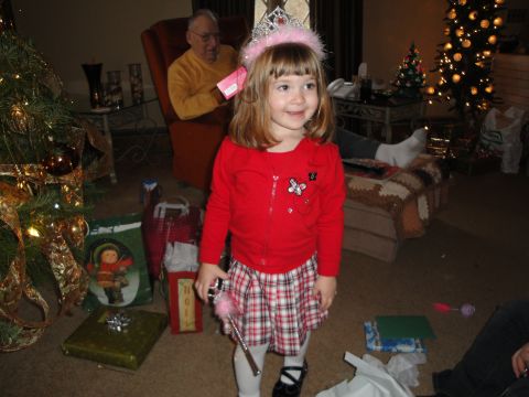2000 Ford Crown Victoria - A young girl dressed as a princess stands in a room decorated for Christmas, holding a wand.
