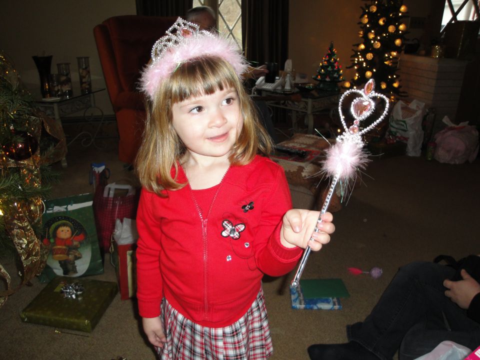 Girl in red shirt and plaid skirt wears a tiara and holds a wand, with Christmas decorations in background