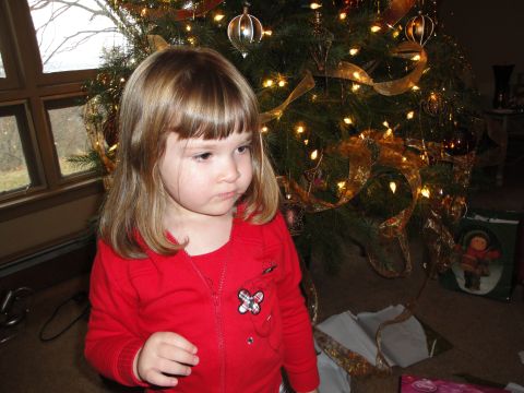 2000 Ford Crown Victoria - A young child stands near a Christmas tree adorned with lights and ornaments.