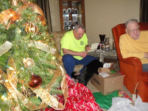 2000 Ford Crown Victoria - A black cat investigates a box of presents next to a decorated Christmas tree, while two men observe in the background.