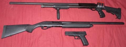 2006 Ford E350 - NEF NP1228 12ga pump, Remington 870 Express 12ga pump, and SA XD 40 S&W 5" Tactical.
