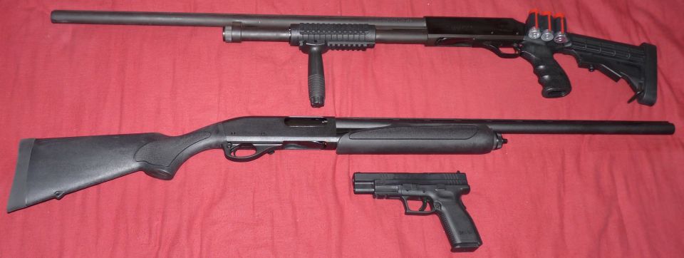 NEF NP1228 12ga pump, Remington 870 Express 12ga pump, and SA XD 40 S&W 5" Tactical.