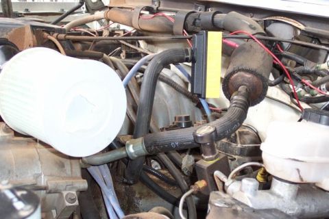 1990 Ford Bronco - For the crankcase breather I used a Douche, er I mean Deutsh part # BF505 from Autozone. Total cost of this swap was around $13