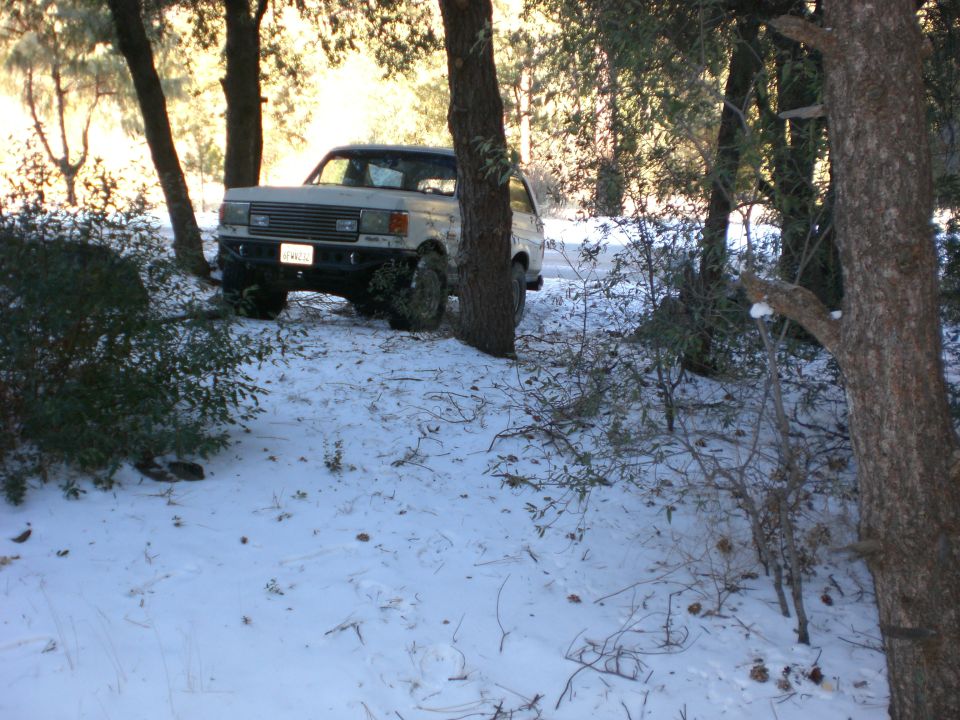 White SUV parked in snowy woods, partially obscured by trees. Grille suggests 1980s model