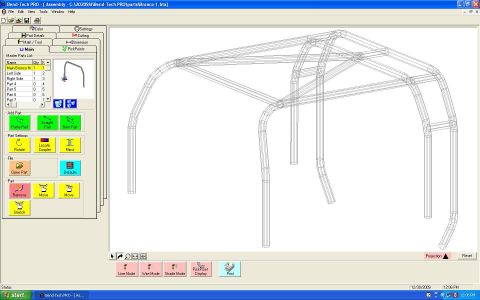 1996 Ford Bronco - Screenshot of Bend-Tech PRO CAD software displaying a 3D wireframe tube-bending model of a roll cage assembly.