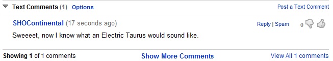 Screenshot of a comment section with a user named SHOContinental commenting about an electric Taurus