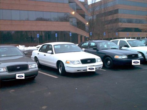2000 Ford Crown Victoria - Multiple Ford Crown Victorias are parked in a lot, with the front of a white model prominently displayed.