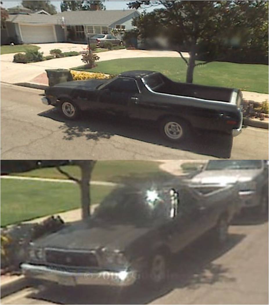 Black Ford Ranchero parked in a residential driveway
