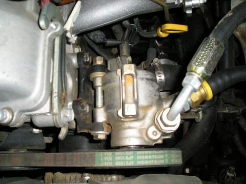 1986 Toyota Hilux - Detailed view of engine components, a Mitsubishi branded belt and various hoses and pumps.