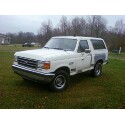 1989 Ford Bronco - This white Ford Bronco is parked outside on a cloudy day with trees in the background.