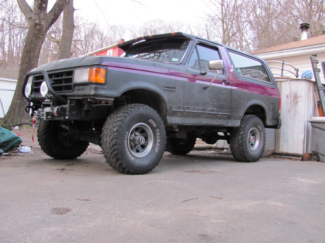 Lifted Ford Bronco with purple stripe, bull bar, and winch