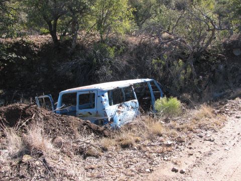 1996 Ford C-350 (Centurion Conversions) - An old blue van sits abandoned and damaged off a dirt road, surrounded by dry brush and trees.