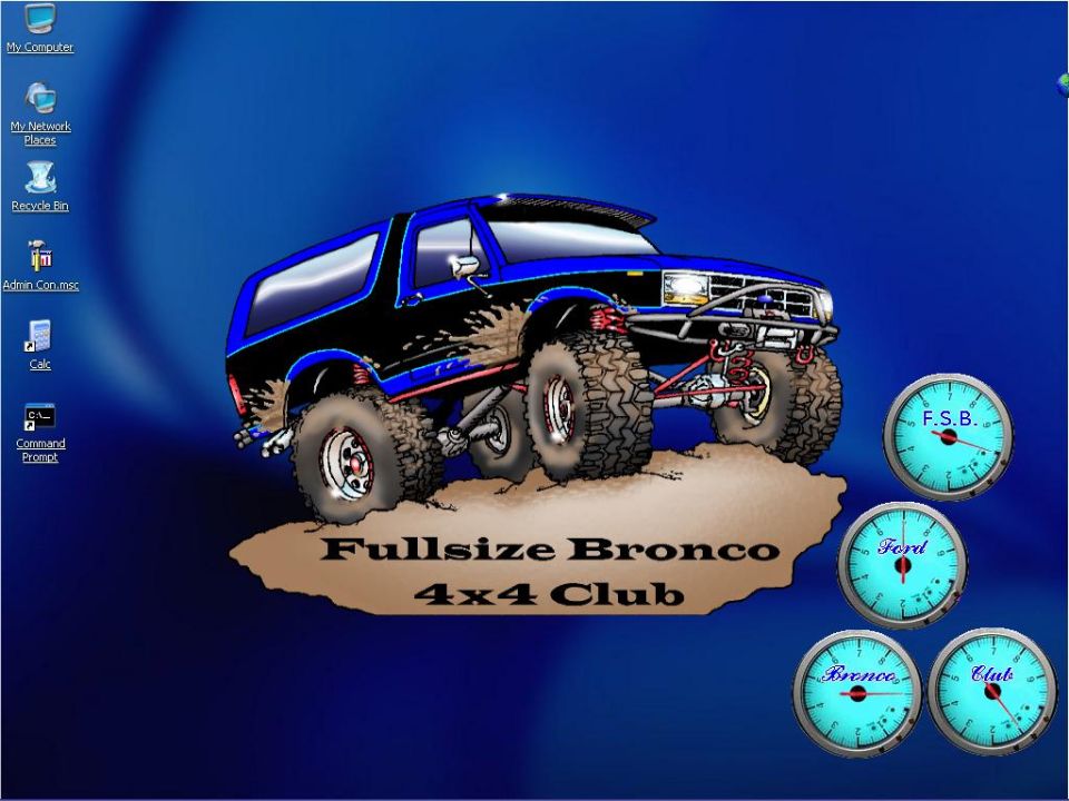 Illustration of a blue and black lifted Ford Bronco with large tires, mud splatters, and custom suspension, viewed from a 3/4 front angle