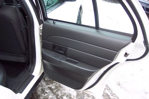 2001 Ford Crown Victoria - The interior door panel of a Ford Crown Victoria is shown, with a view of the rear seat and the exterior through the window.