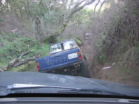 1989 Ford Bronco - Off-roading in a blue Toyota pickup truck on a steep dirt path with trees and brush.