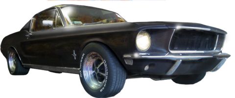 1968 Ford Mustang - A black 1968 Ford Mustang coupe is shown from the front 3/4 view, highlighting its grille and chrome wheels.