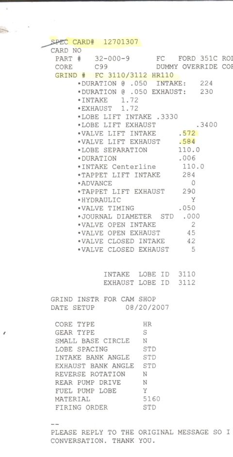 1973 Ford Ranchero - Cam specs for the Comp Cam hydraulic roller camshaft