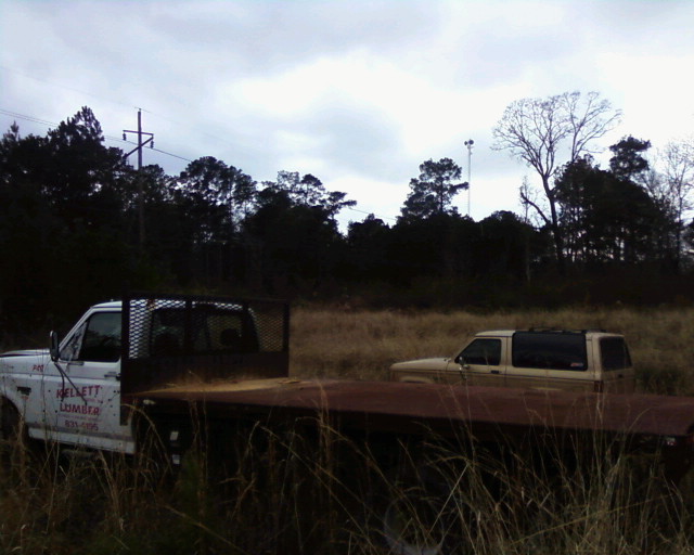 Flatbed truck and an SUV parked in a grassy field with trees in the background