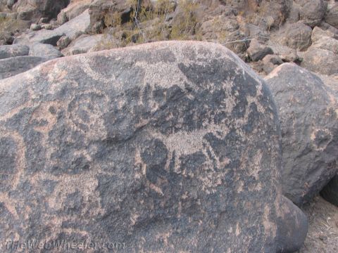 1996 Ford C-350 (Centurion Conversions) - Ancient petroglyphs are etched into the surface of a large boulder in a rocky, arid landscape.
