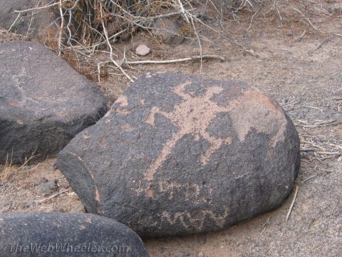 1996 Ford C-350 (Centurion Conversions) - Ancient petroglyphs are etched into the surface of a large boulder, surrounded by dry brush and sand.
