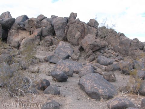 1996 Ford C-350 (Centurion Conversions) - Ancient petroglyphs are etched into dark rocks scattered across a dry, rocky terrain under a cloudy sky.