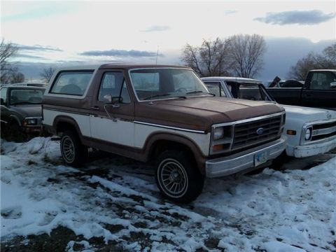 1985 Ford Bronco - This 1985 Ford Bronco is seen in a yard with other vehicles, partially covered in snow.