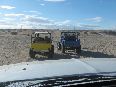 1996 Ford C-350 (Centurion Conversions) - Two off-road vehicles are seen from behind, driving across a sandy terrain with sparse vegetation.