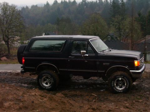 1988 Ford Bronco - This black Ford Bronco is parked on a muddy lot with a wooded hillside and houses in the distance.
