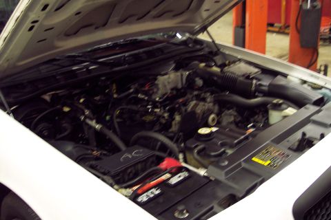 2001 Ford Crown Victoria - The engine bay of a 2001 Ford Crown Victoria is shown with the hood open.