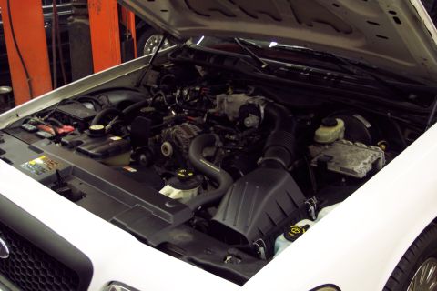 2001 Ford Crown Victoria - The engine compartment of a 2001 Ford Crown Victoria is open for inspection, revealing its mechanical components.