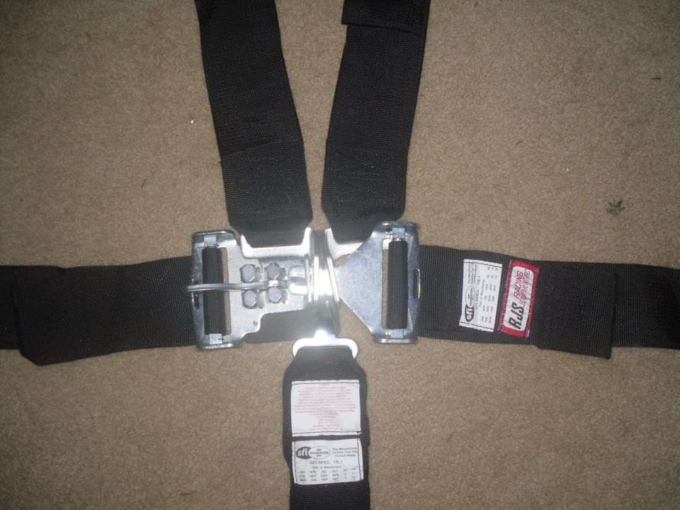 Black racing seat belts with metal buckles and labels. One label says RJS Racing