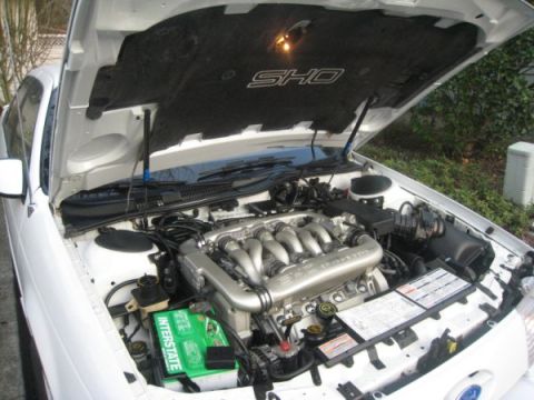 1993 Ford Taurus - The engine bay of a white 1993 Ford Taurus SHO is visible with the hood raised.
