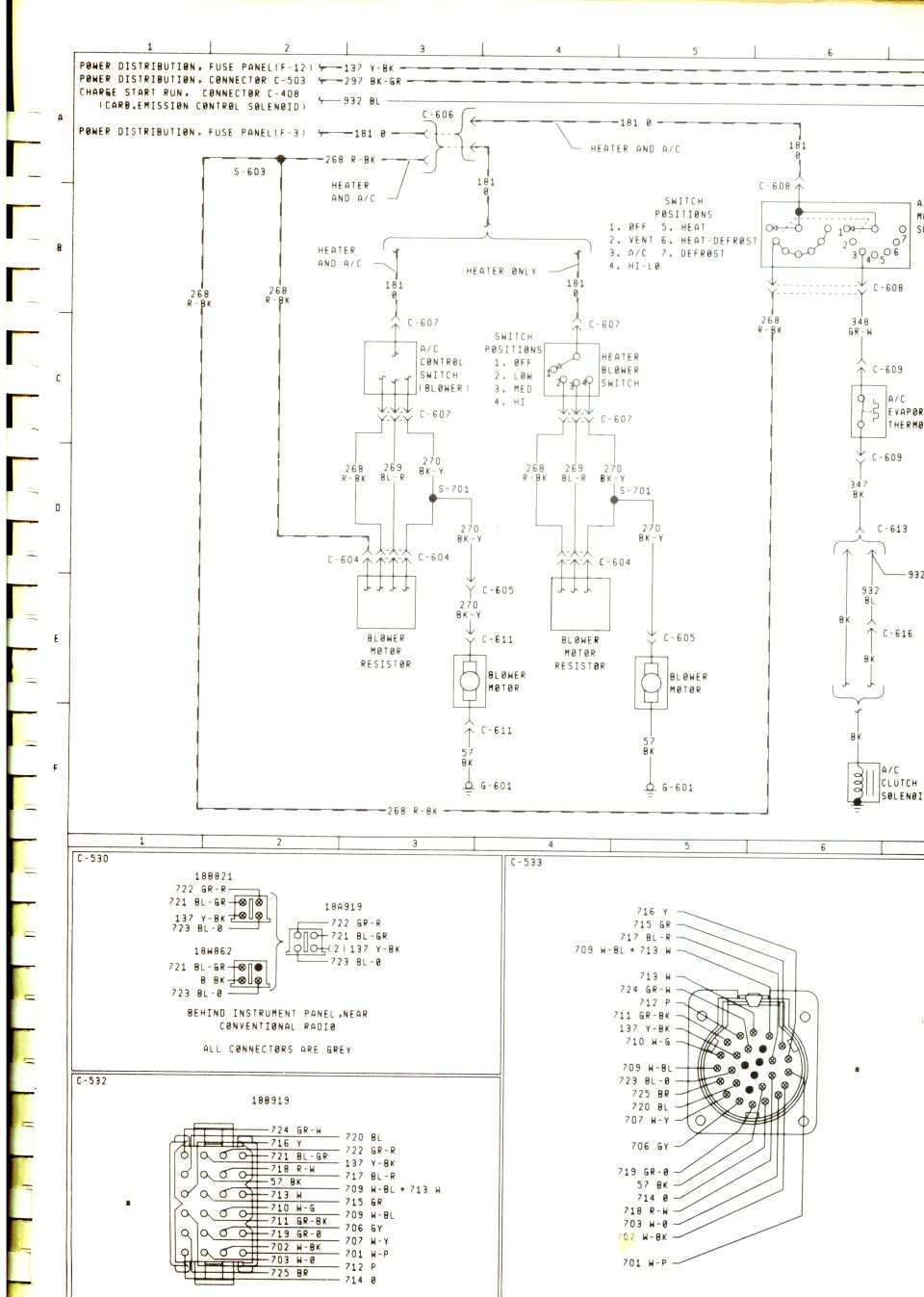 Ford heater and A/C blower motor wiring diagram with connector pinouts