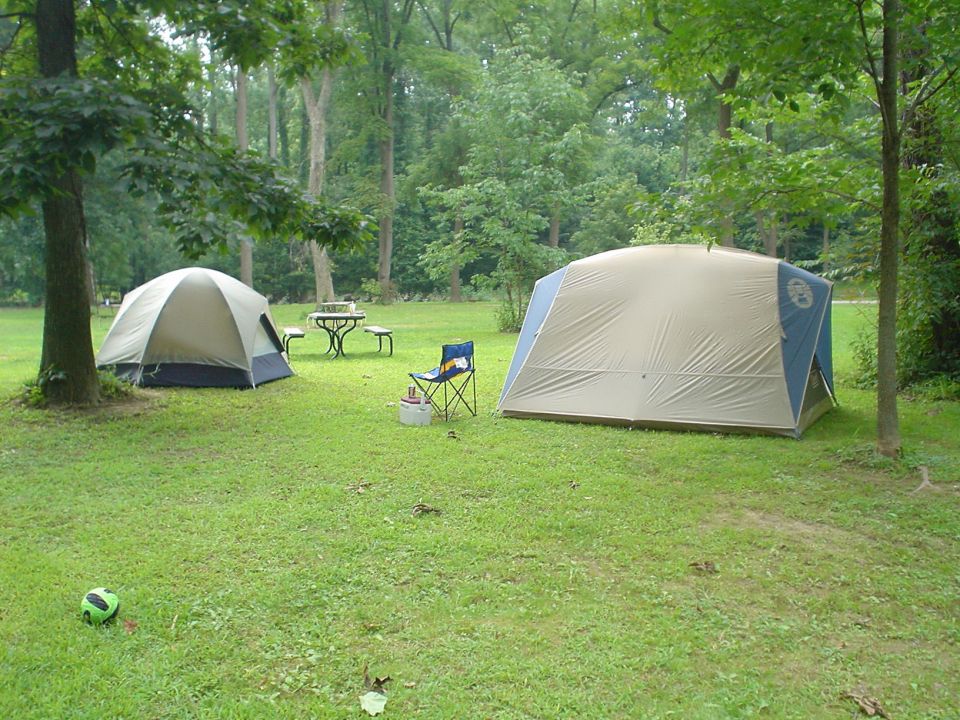 Two dome tents and a folding chair set up on grass in a wooded campground