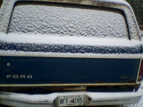 1993 Ford F-150 - The rear of a Ford truck is covered in snow, obscuring most details of the vehicle.