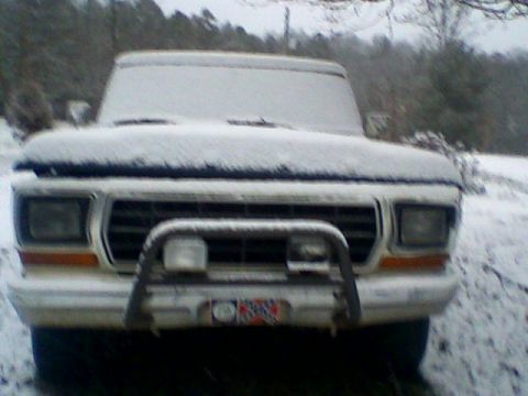 1993 Ford F-150 - A white Ford truck is parked outside in the snow, showing its front grille and brush guard.