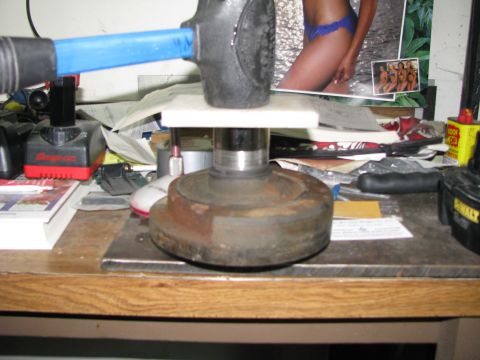 1986 Ford Bronco - installing sleeve after putting loctite on. nice flat piece of uhmw and dead blow put sleeve on nice and easy.