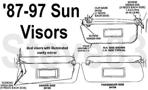 1983 Ford Bronco - Sun Visors '87-97 IF THE IMAGE IS TOO SMALL, click it. Earlier visors lacked the inboard support clip (04132). Dual visors became available…