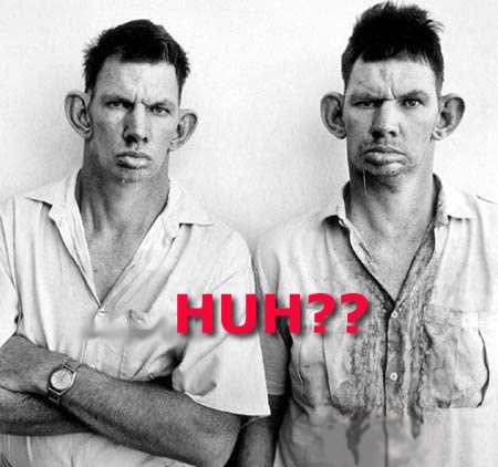 2000 Mercury Grand Marquis - Two men with prominent ears and a questioning expression are shown, with the text "HUH??" superimposed on the image.