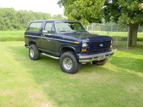 1984 Ford Bronco - This Ford Bronco is parked on a grassy lawn with trees and a fence in the background.