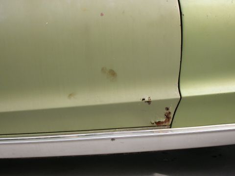 1968 Mercury Cougar - Close-up of a light green car door showing signs of rust and a chrome trim piece along the lower edge.