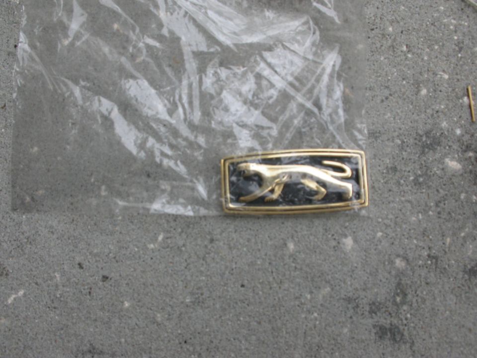 Gold cougar emblem on black background, under plastic, on concrete