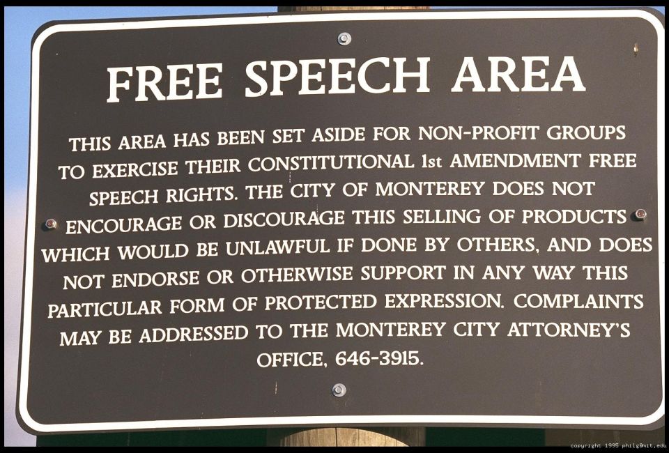 City of Monterey FREE SPEECH AREA sign explaining 1st Amendment use