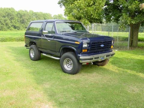 1984 Ford Bronco - This Ford Bronco is parked on a grassy lawn with trees and a fence in the background.