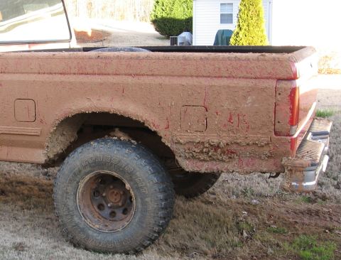 1995 Ford F-150 - This pickup truck is heavily covered in mud, obscuring most of its details and making year identification difficult.
