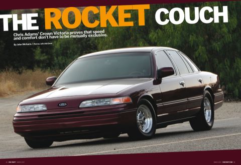 1992 Ford Crown Victoria - Scanned two-page magazine spread headlined THE ROCKET COUCH, featuring a lowered maroon Ford Crown Victoria sedan photographed in front thr…