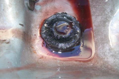 1992 Ford C-350 (Centurion Conversions) - Close-up of a transmission drain plug showing metal shavings and fluid, indicating potential wear.